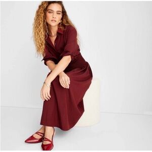 Future Collective Burgundy Collared Long Sleeve Smocked MIDI Dress NWT